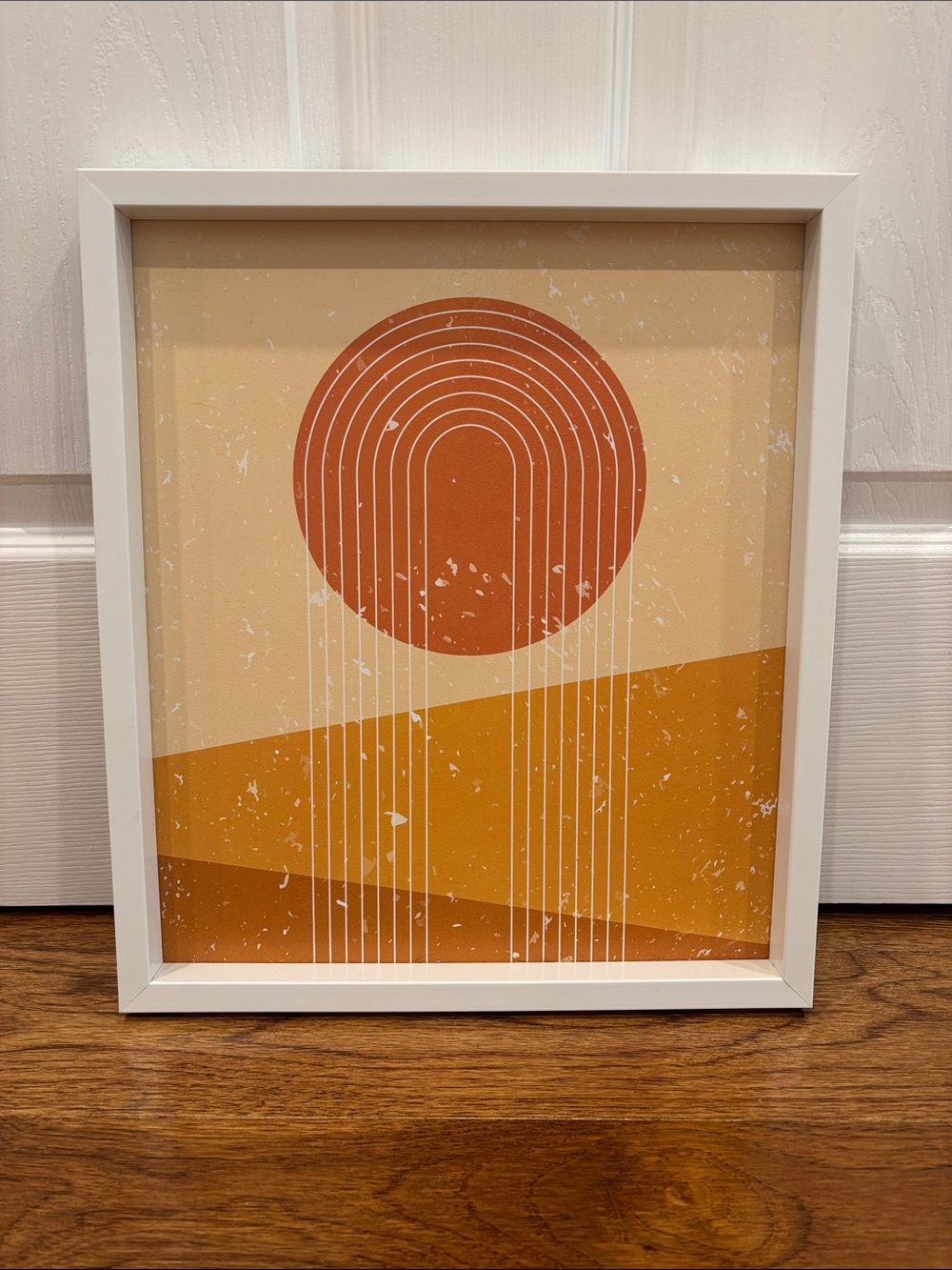 Modern Abstract Sunrise Wall Art in Rust and Mustard in White Frame